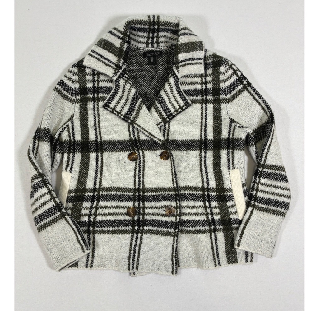 Rachel Zoe Womens S Ivory Plaid Double Breasted Fuzzy Knit Sweater Jacket